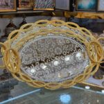 ست سینی فلزی بیضی با حکاکی گل‌دار و دسته طلایی